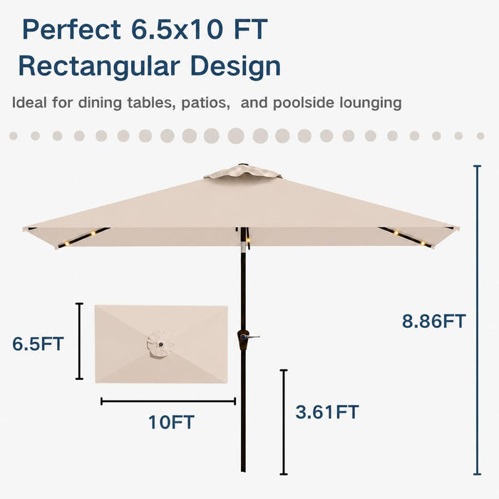 6.5 X 10Ft Rectangular Patio Umbrella with Solar Lights, 16 LED Lighted Market Umbrella with Push-Button Tilt and Crank, 6 Sturdy Iron Ribs for Garden, Deck, Pool, Beige