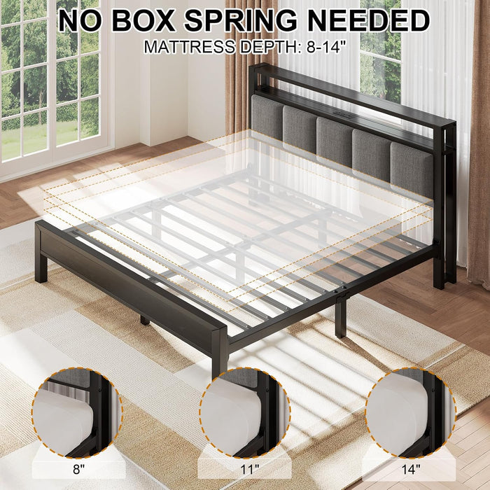 Full Size Bed Frame with LED Lights and Charging Station, Grey