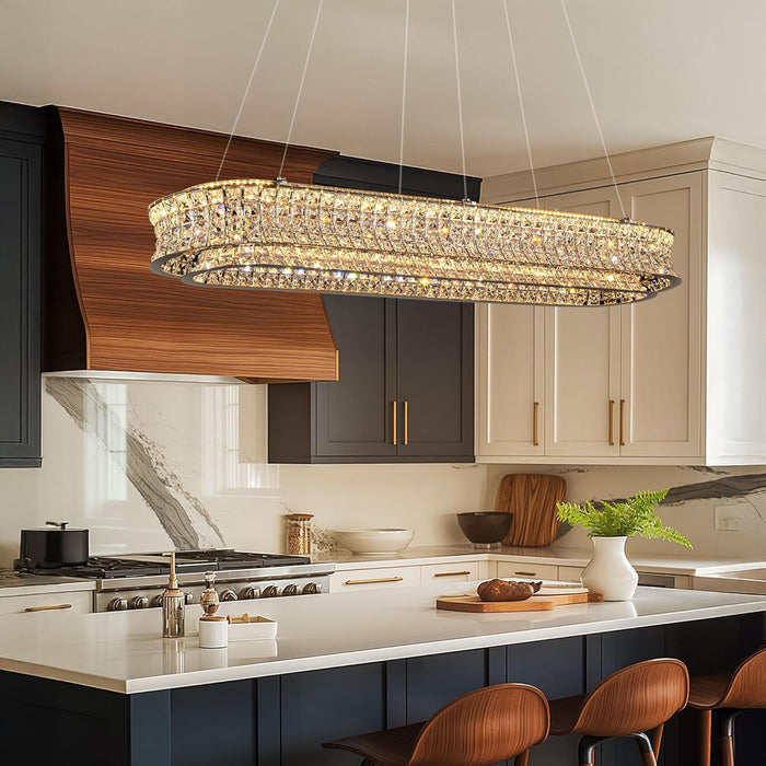 47" LED Rectangle Chrome Crystal Chandeliers for Dining Room, Rectangular Modern Crystal Oval Kitchen Chandelier, Dimmable LED Light Fixture with Remote, for Dining Room, Kitchen Island, Bar