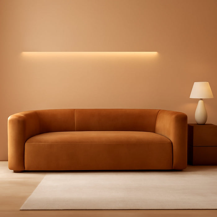 Luxury Modern Tight Curved Back Velvet Sofa, Minimalist Style Comfy Couch for Living Room Apartment, 3 Seater, Tangerine