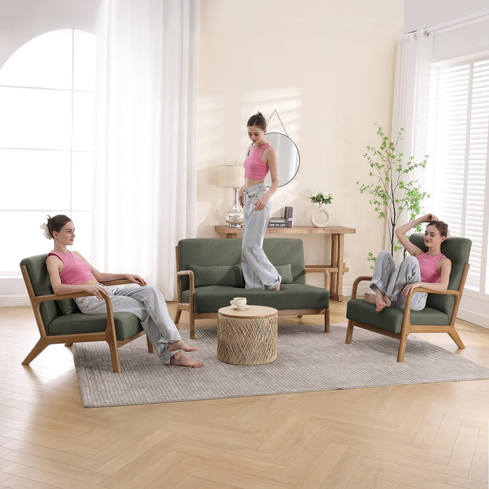 Mid Century Modern Accent Chair with Wood Frame, Upholstered Living Room Chairs with Waist Cushion, Reading Armchair for Bedroom Sunroom (Green)