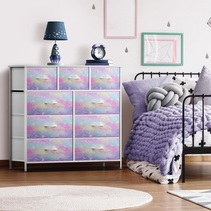 Dresser with 9 Drawers - Furniture Storage Chest for Kid’S, Teens, Bedroom, Nursery, Playroom, Clothes, Toys - Steel Frame, Wood Top, Fabric Bins (Tie-Dye)