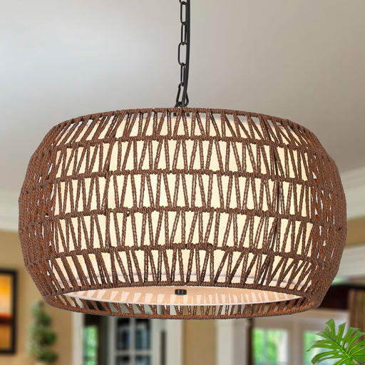 Rattan Farmhouse Chandelier Light Fixtures,5-Lights Boho Large Pendant Light,Woven Chandeliers for Dining Room with Fabric Shade,Rustic Hanging Light Fixtures for Kitchen Island-Dark Brown