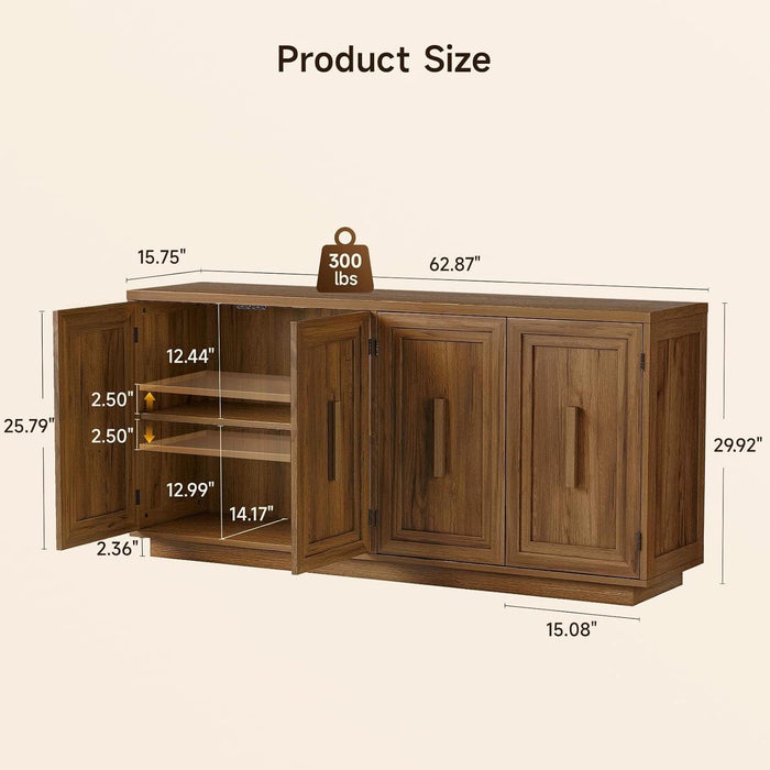 63 Inch Buffet Cabinet with Storage, 4 Square Doors, Brown