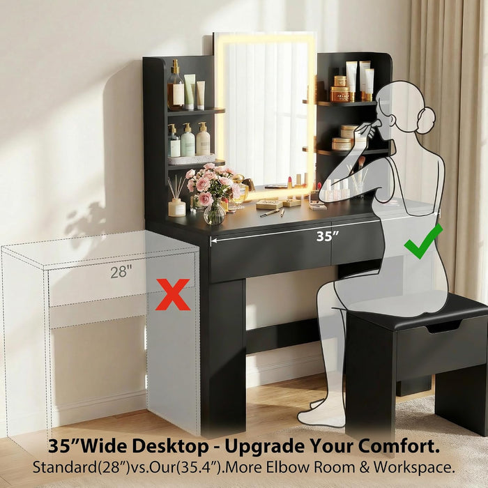 Vanity Desk with Mirror and LED Lights, Makeup Vanity Table with 3 Lighting Color, Adjustable Brightness, Vanity Table with 2 Drawers, Side Storage, for Bedroom (Black, with Bench)