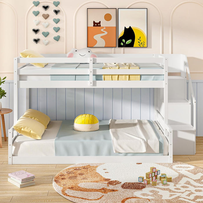 White SolidWood TwinOverFullBunkBed StairsGuardRails