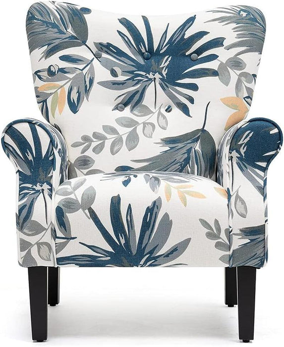 Modern Accent Chair,High Back Armchair,Upholstered Fabric Button Single Sofa with Wooden Legs for Living Room,Bedroom,Blue Leaves