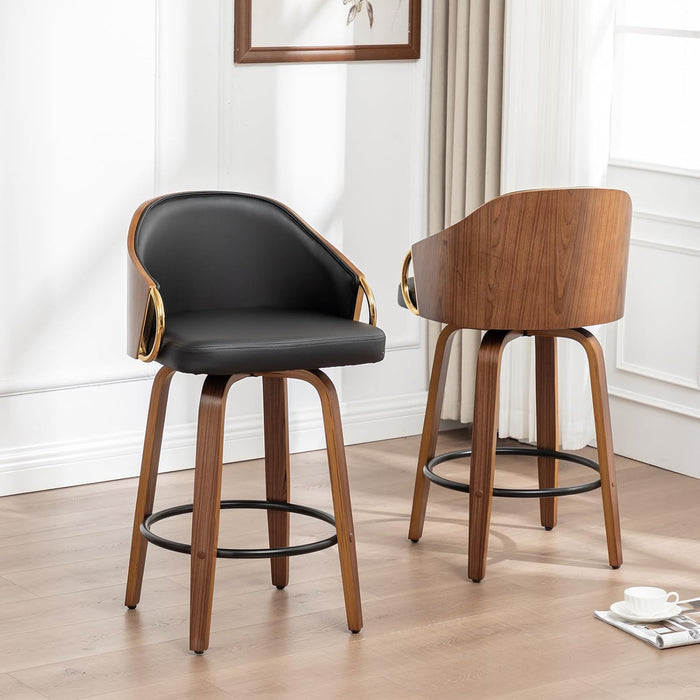 26" Swivel Counter Height Barstools Set of 2, Black Leather Bar Stools Mid Century Modern Bar Chairs with Wood Legs and Golden Arms for Kitchen Dining Pub Cafe