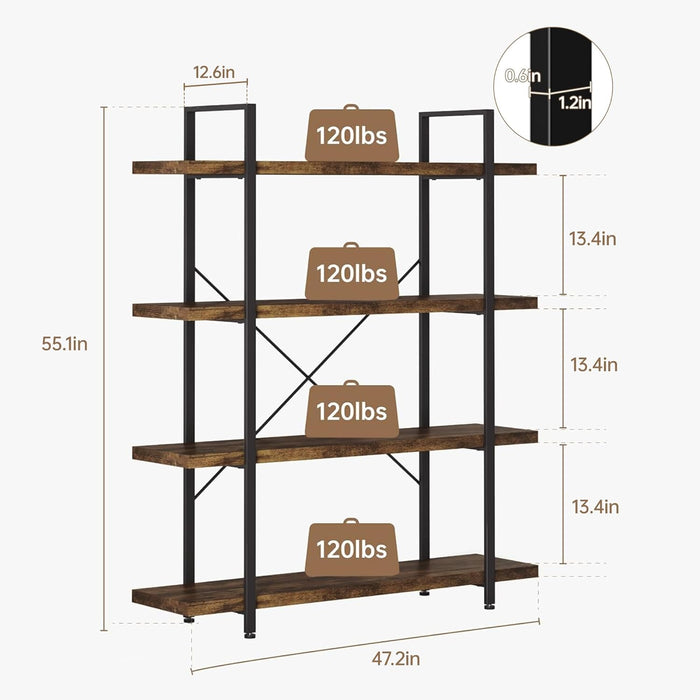 Heavy Duty 4-Tier Industrial Bookcase, 47" Wide Wood Bookshelf for Home Office, 120Lbs Shelf Capacity, Rustic Open Shelving Display with Reinforced Horizontal Shelf for Living Room Bedroom