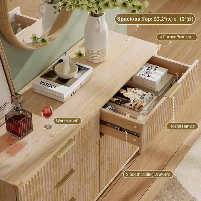 Wood 6 Drawers Dresser, 53.2" W Fluted Modern Dressers for Bedroom