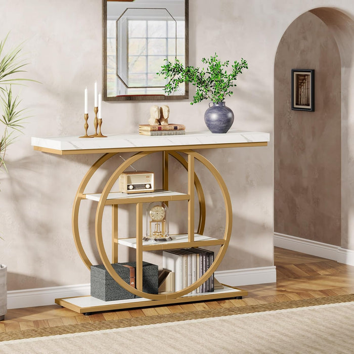 41.3" Console Table, Industrial 4-Tier Sofa Entryway Table with Circle Base, Narrow Wood Accent Tables with Storage Shelves for Living Room, Hallway, Foyer, White Gold