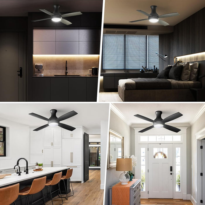 52 Inch Ceiling Fan with Lights, Modern Black Ceiling Fan, Remote Control, Quiet Reversible DC Motor, Flush Mount, Dimmable 3CCT LED Light, Double Finish Blade, for Indoor Bedroom Living Room
