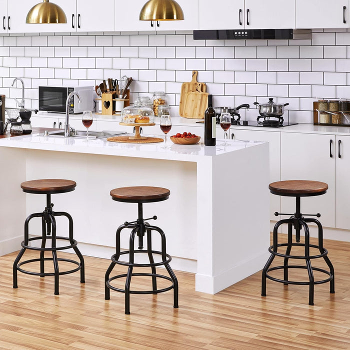 Industrial Bar Stool Vintage Counter Stool Rustic Counter Height Bar Stool Adjustable Metal Stool with round Wood Seat Kitchen/Dining/Cafe Chair 20-27 Inch Tall, Brown, 1PCS