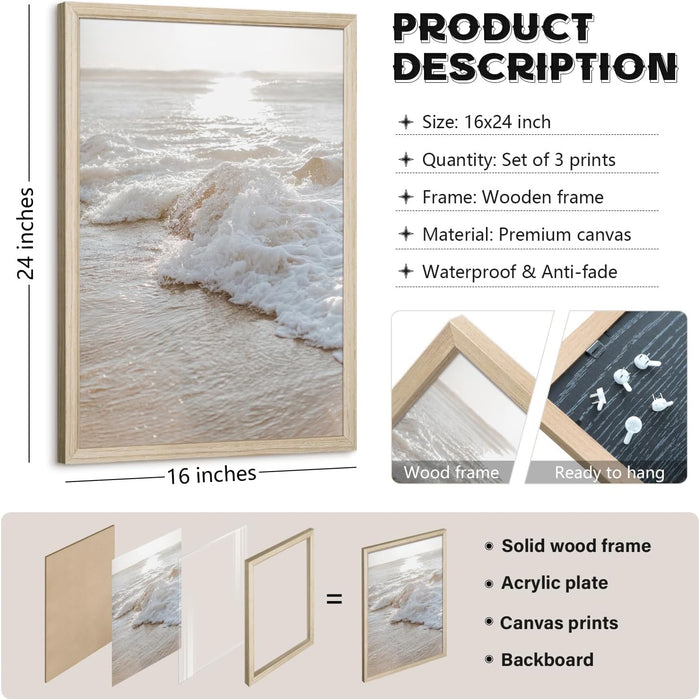 Beach Wall Art Decor Coastal Wall Art Pictures Ocean Canvas Wall Art Beige Beachy Wall Decor Boho Beach Prints Ocean Painting Coastal Artwork for Bedroom Living Room 16X24 Inch Wood Framed Set of 3