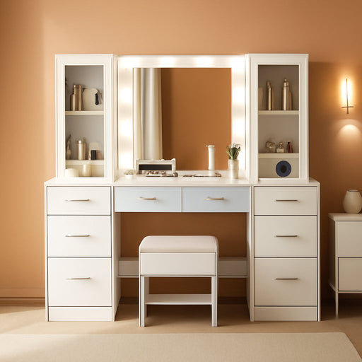 59'' W Large Makeup Vanity Desk with Mirror and Lights, White Vanity with Power Outlet, 8 Drawers & 2 Cabinets, 3 Lighting Modes Brightness Adjustable, Glass Top Vanity with Chair for Bedroom