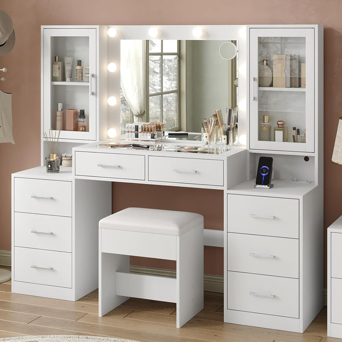 59'' W Large Makeup Vanity Desk with Mirror and Lights, White Vanity with Power Outlet, 8 Drawers & 2 Cabinets, 3 Lighting Modes Brightness Adjustable, Glass Top Vanity with Chair for Bedroom