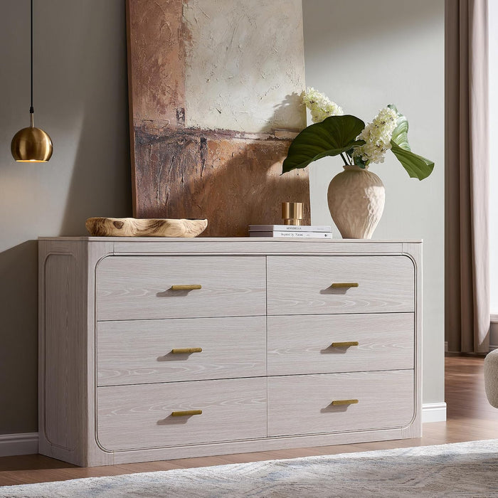 60" Wide Transitional 6-Drawer Dresser for Bedroom, Frosted Oak