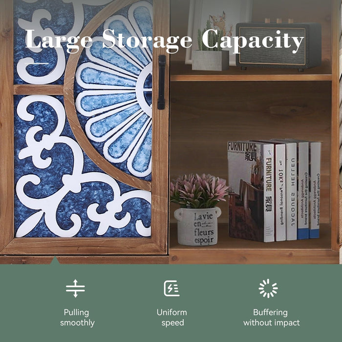 Accent Storage Cabinet with 2 Doors, Wood Distressed Porcelain Front Buffet Sideboard Storage Cabinets Display Cabinet for Living Room Entryway Kitchen, Wood and Blue