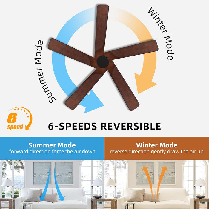 48" DC Ceiling Fan No Light - 5 Carved Solid Wood Blades, 6-Speed Reversible DC Motor, Ceiling Fan without Lights for Living Room Bedroom Kitchen Patio, Indoor and Outdoor, Black and Walnut