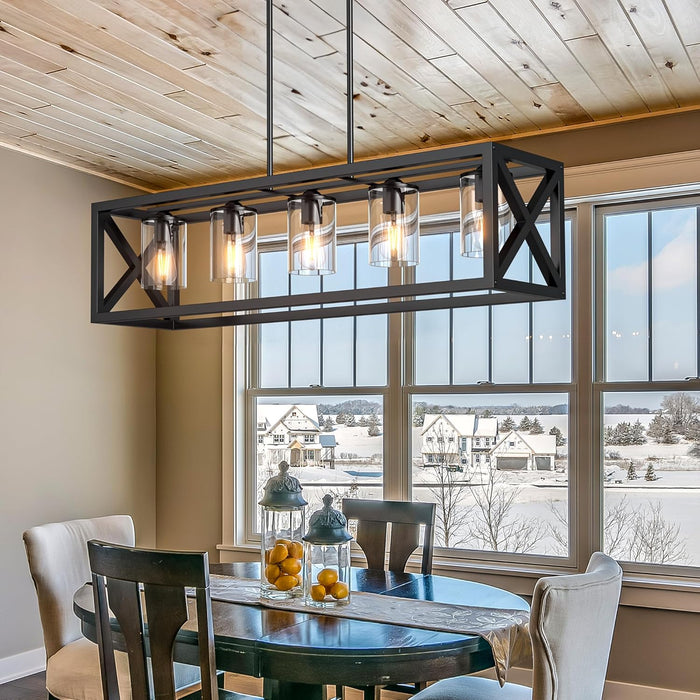 Farmhouse Dining Room Light Fixture - 5 Light Matte Black Rectangle Light Fixture with Adjustable Height & Thickened Metal Dining Table Fixture Chandeliers for Dining Room&Kitchen Island