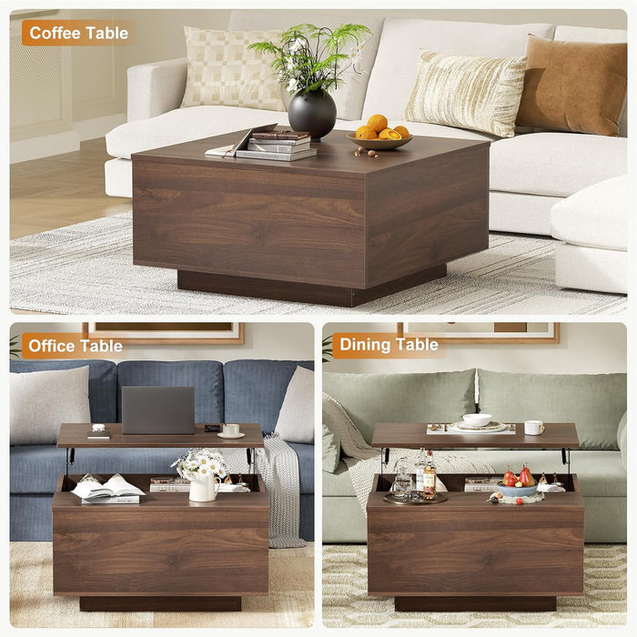 Lift Top Coffee Table, Wood Square Coffee Table with Storage, Farmhouse Coffee Tables with Hidden Storage Compartment, Center Table with Lifting Tabletop for Living Room, Home Office, Walnut