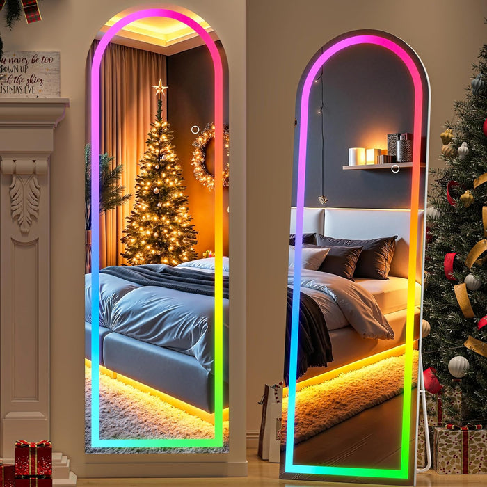 Arch Full Length Mirror 55.5 X 15.7 in with Stand — Arch LED RGB Full Body Mirror, 7 Lighting Modes, Dimmable Touch Controls, Adjustable Tilt, White Frame for Bedroom Dressing Room