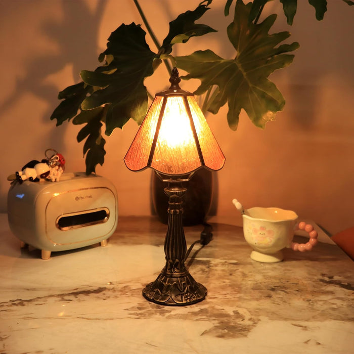 Small Tiffany Style Table Lamp Orange Bark Stained Glass Lamp 14 Inch