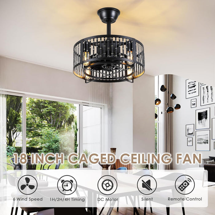 Caged Ceiling Fan with Light, 18 Inch Black Fandelier Ceiling Fans for Kitchen Bedroom Outdoor, Remote Control, Reversible