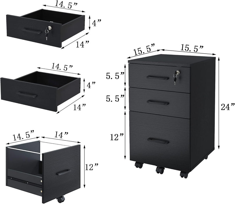 Black Wooden File Cabinet, 3 Drawers, Lock