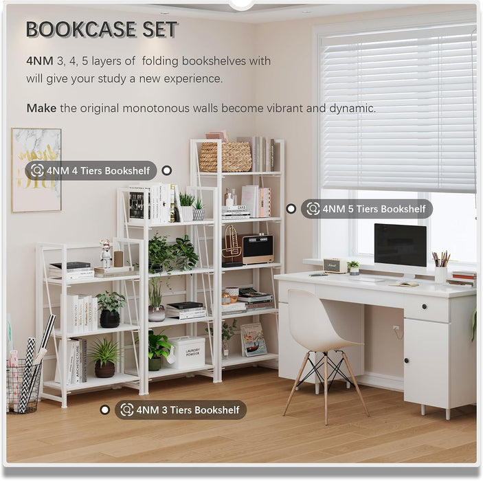 No Assembly Folding Bookshelf Storage Shelves 4 Tiers Vintage Bookcase Standing Racks Study Organizer Home Office (All White)