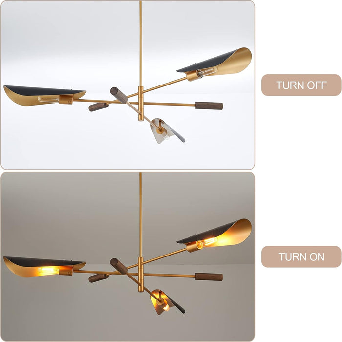 51" Industrial Farmhouse Chandelier with Antique Brass Brush Paint and Matt Black Finish, Wood Pendant Lighting Fixture for Dining Room Living Room Kitchen Island Bedroom 3-Light