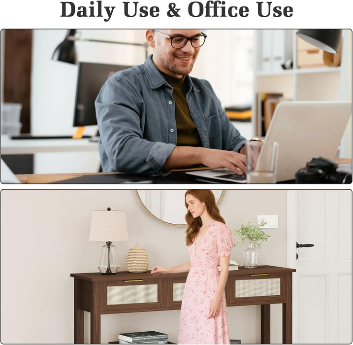 Console Table for Entryway with 3 Rattan Drawers Boho Entry Table with Storage Open Shelf, Narrow Long Sofa Tables for Living Room, Hallway, Foyer, Couch, Front Door, Walnut, 47 Inch