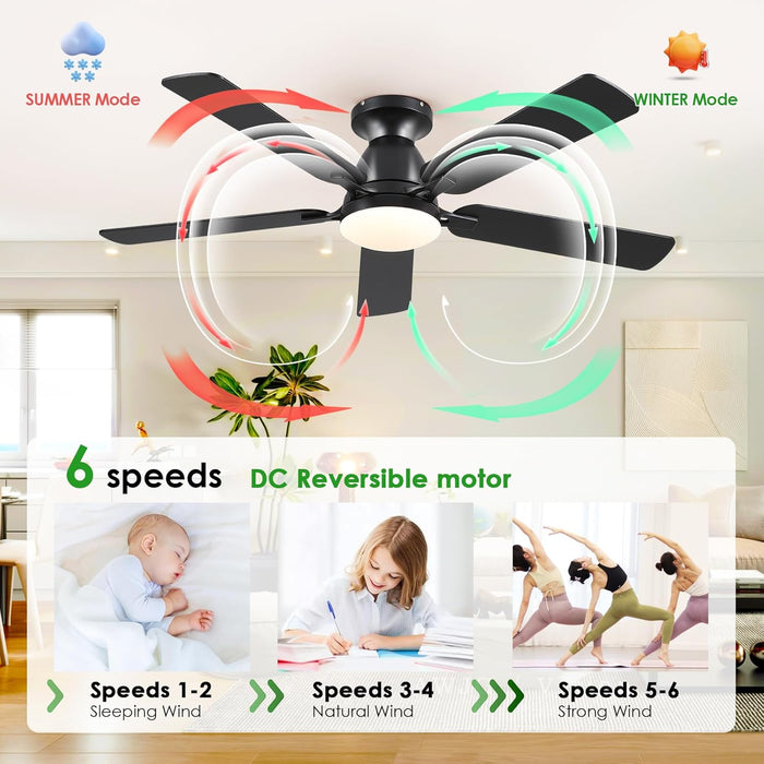 Ceiling Fans with Lights- 52" Low Profile Indoor Ceiling Fan with Light and Remote/App Control, Flush Mount, LED Dimmable DC Reversible Modern Ceiling Fan for Bedroom（Black）