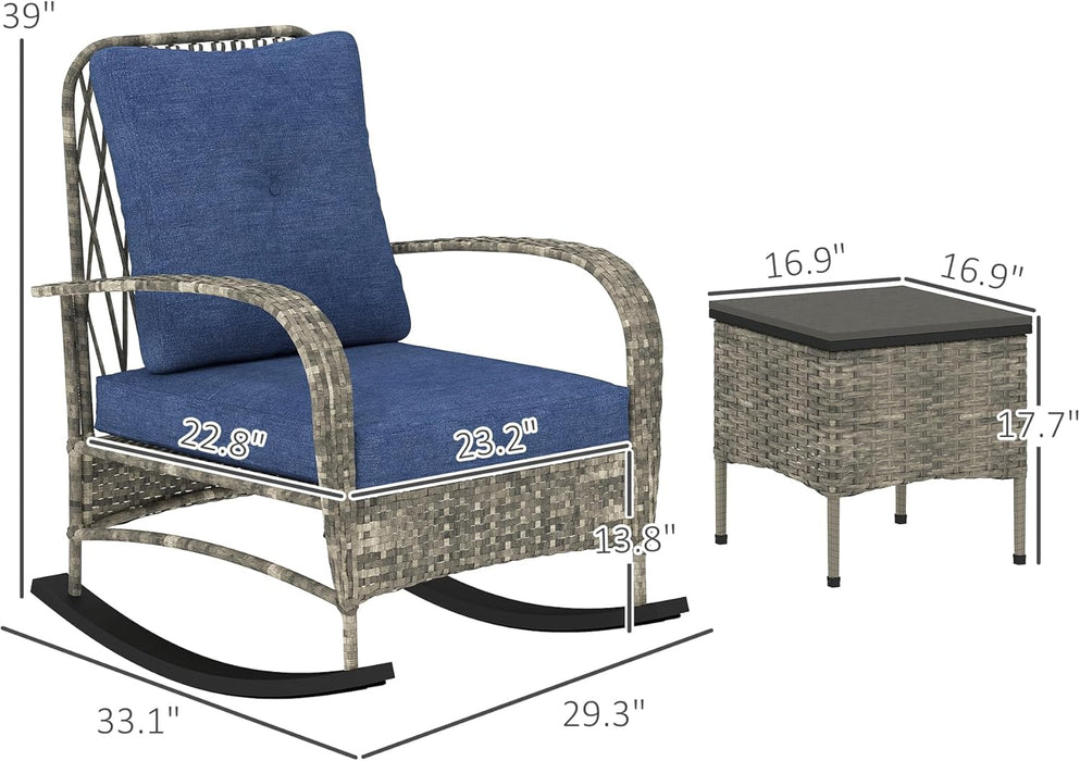3 Piece Wicker Patio Furniture Set, PE Rattan Rocking Chairs with Coffee Table, Cushions, Outdoor Bistro Set for Porch, Garden, Poolside, Gray
