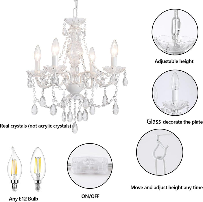 Plug in Crystal Ceramic White Chandelier, Glass Chandeliers,White Crystal Hanging Pendant Light with Clear Cord and On/Off, 4 Light Crystal Chandelier for Wedding, Kitchen, Dining,Foyer, Mini Room
