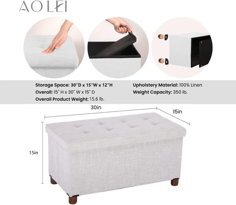 30 Inches Storage Ottoman Bench, Storage Bench with Wooden Legs for Living Room Folding Ottoman Foot Rest Removeable Lid for Bedroom End of Bed, Linen Fabric