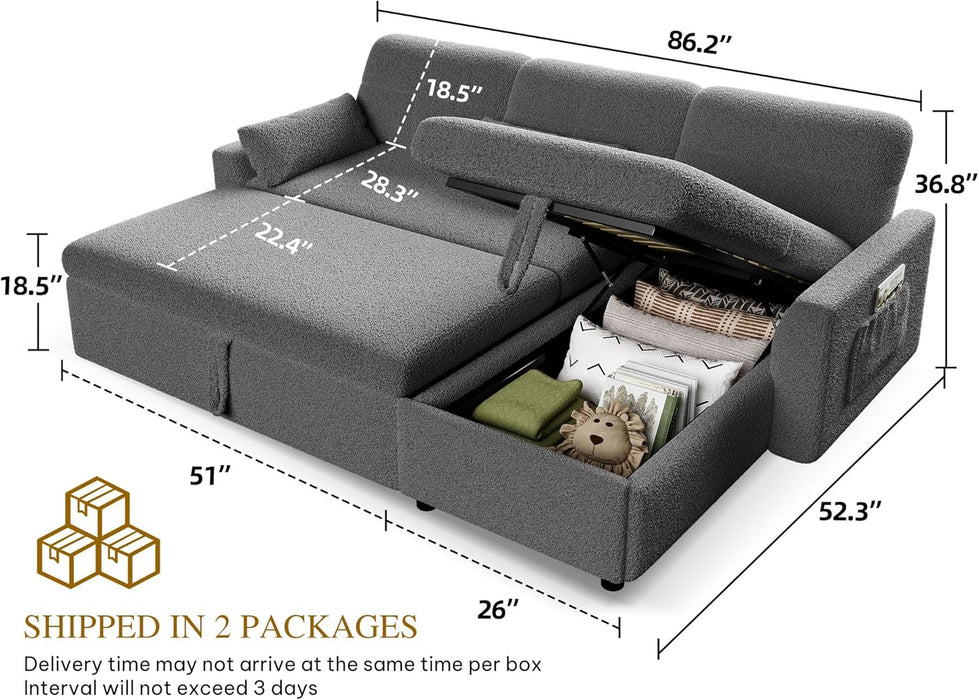  L-Shaped Sleeper Sofa Grey, 86", with Storage