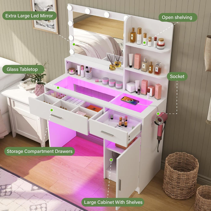 White Vanity Desk with Mirror & RGB Lights - Adjustable Brightness, Glass Top, Built-In Power Outlet, Multi-Storage Makeup Dressing Table for Bedroom