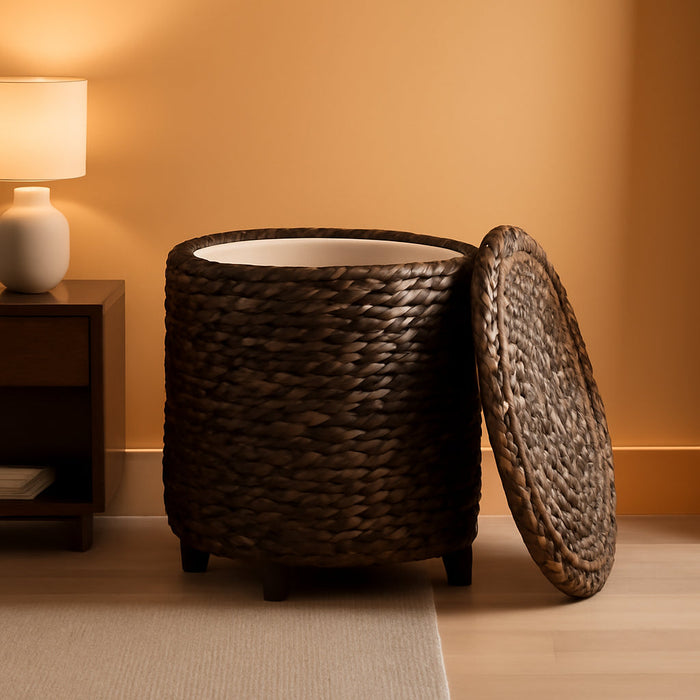 17" round Storage Ottoman with Lid - Espresso, Handwoven Water Hyacinth Footstool for Living Room, Bedroom, Bathroom, Home Office
