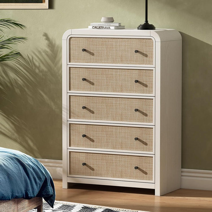 5 Drawer Tall Dresser for Bedroom, 47'' Rattan Dresser with Ample Storage, Boho Chest of Drawers, Thickened Curved Profile Design, Oak Dressers for Bedroom, Living Room
