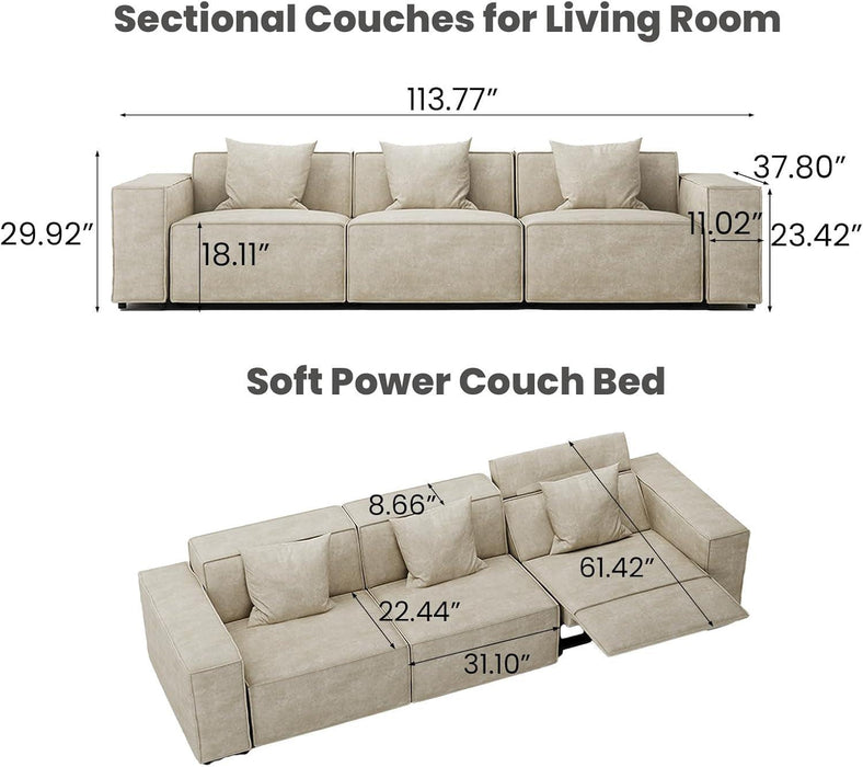 115" Power Sofa,Modular Sectional Couches for Living Room,Modern Large Sofa with Recliners,Comfy Velvet Cloud Couch with Deep Seat,Pet Friendly,Free Combination for Home(Beige)