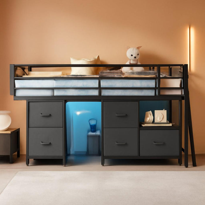 Low Loft Bed Twin Size with 7 Storage Drawers, Bookcase and LED Lights, Metal Kids Loft Bed with 14" H Safety Guardrail,Inclined Ladder and Play Curtain, Under-Bed Play Space, Black
