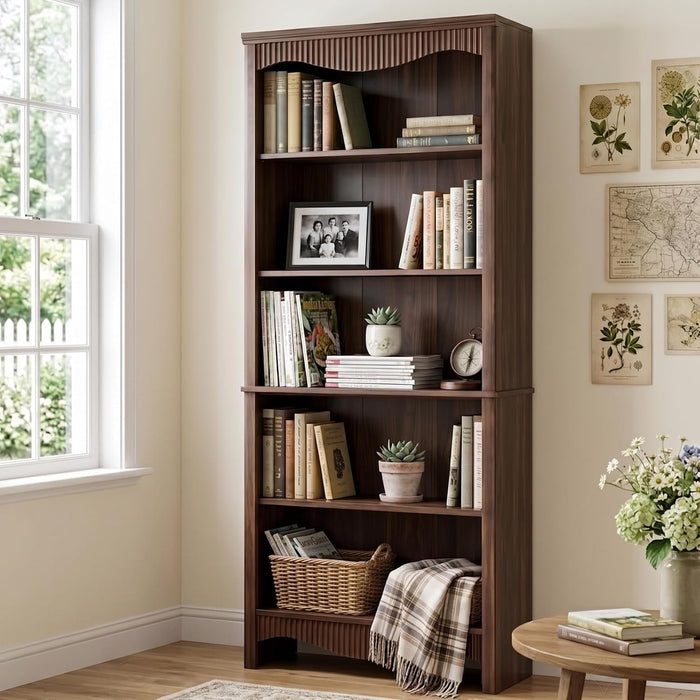 5-Tier Bookshelf, Mid-Century Bookcase,Fluted Wood Booklshelf, Walnut | Modern Bookcase with Classic Fluted Details, Freestanding Wood-Look Storage Rack for Home Office, Living Room, and Bedroom