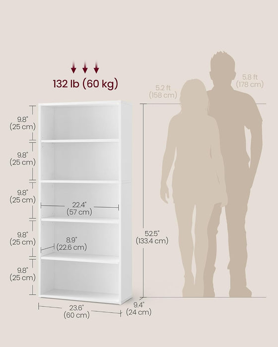 VASAGLE 5-Tier Bookshelf, Storage Organizer, 23.6 X 9.4 X 52.8 Inches | Particleboard and MDF, for Home Office, Cloud White, CUSTOS Collection ULBC165T14