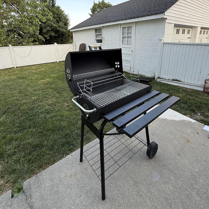 30" Portable Barrel Charcoal BBQ Grill, Steel Outdoor Barbecue Smoker with 370 Square Inches Cooking Space, Storage Shelf, Wheels for Garden Camping Picnic, Black