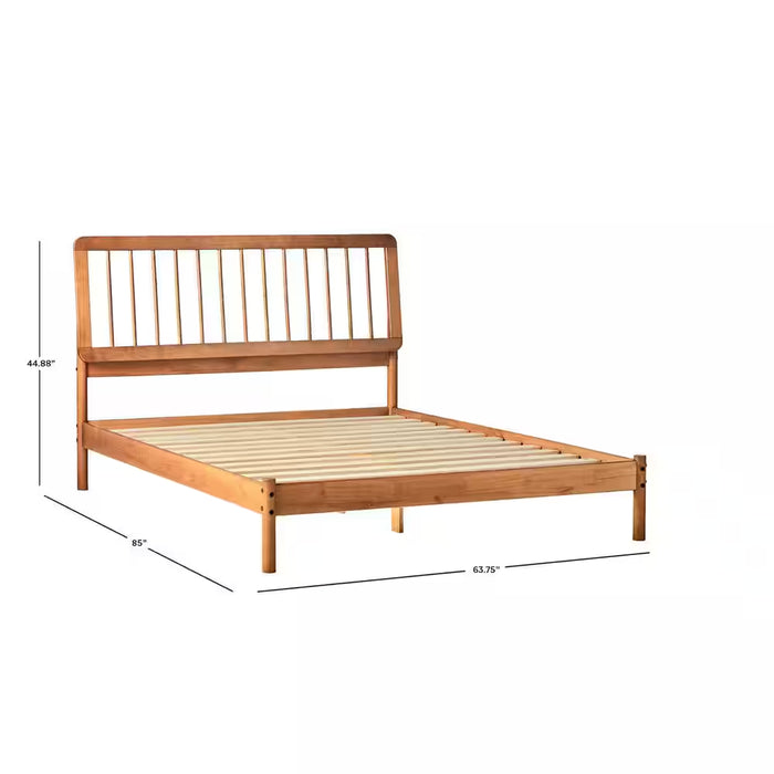 Mid-Century Modern Brown Solid Wood Frame Queen Platform Bed