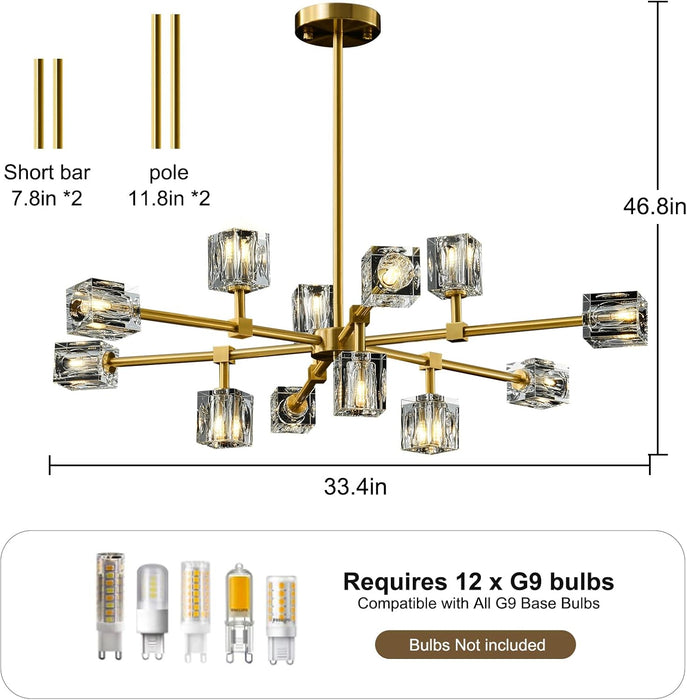 Modern Sputnik Crystal Brass Chandelier: Gold Dining Room Living Room Light