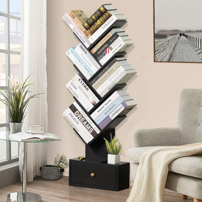 8 Tier Tree Bookshelf with Drawer, Free Standing Wood Bookcase for Living Room, Bedroom, Home Office, Space Saving Storage Organizer Bookshelves for Books, Cds, Vinyl Records- Black