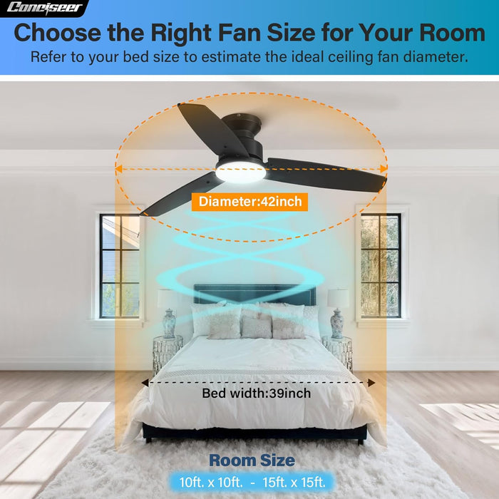 Modern 42 Inch Ceiling Fans with Lights and Remote for Bedroom Office, Flush Mount, 18W 6CCT Dimmable, Dual Color 3 Blades 6 Speed Reversible Quiet DC Motor, Black/Wood Grain