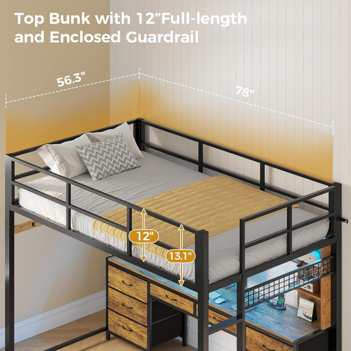 Full Size Loft Bed with Desk and 8 Storage Drawers, Metal Loft Beds Full with LED Lights & Charging Sation, Heavy Duty Loft Bed Frame with 6 Storage Shelves, Space-Saving, Rustic Brown